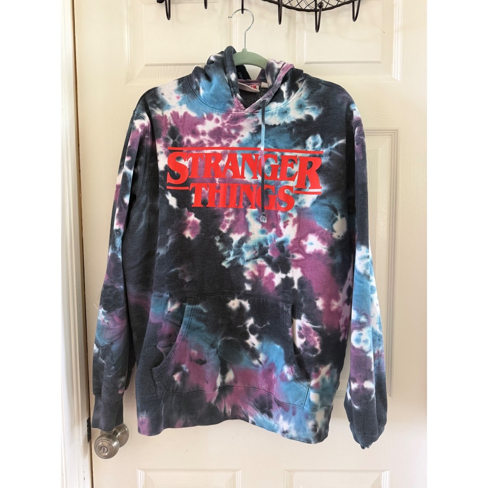 Stranger Things Tie Dye Hoodie Purple Blue Black Logo Pullover Large
